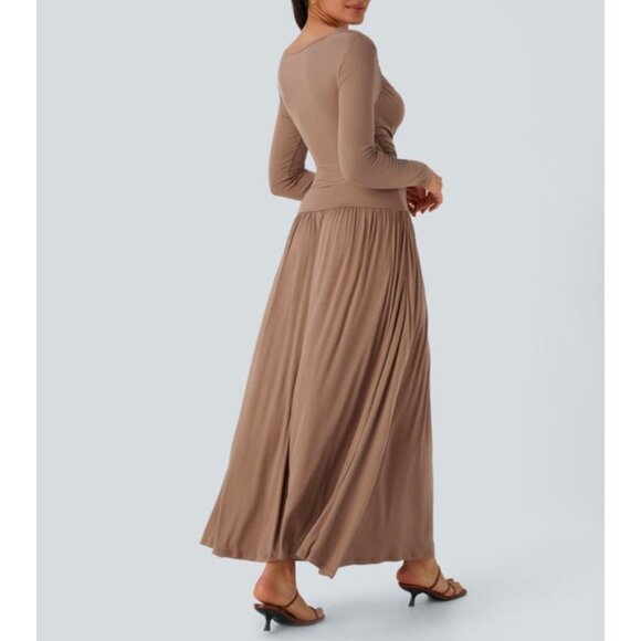 Halara Ribbed Boat Neck Long Sleeve Ruched Maxi Dress Sz Medium Side Pocket Flow - Picture 9 of 9